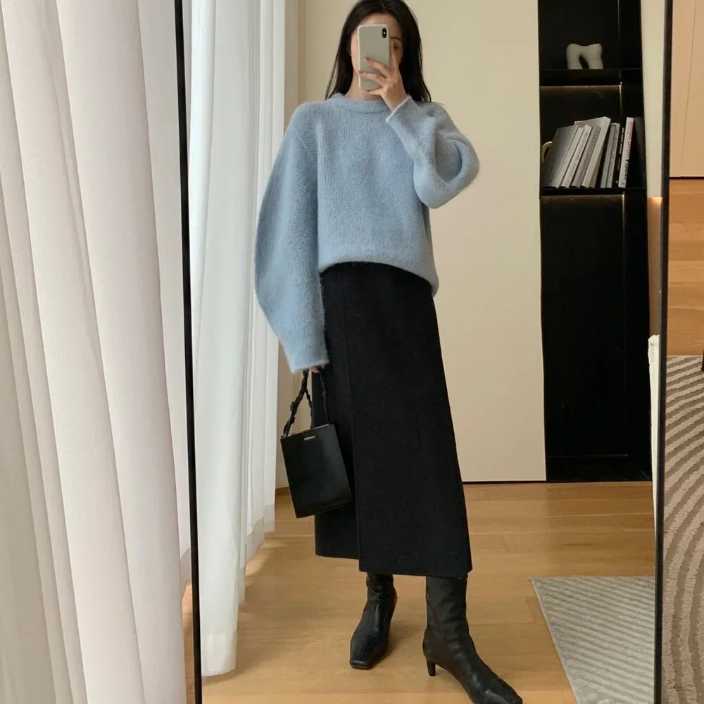 CHICJOC High-End 100% Wool Midi Wrap Skirt w/ Silk Waistband – Size 38 in grey